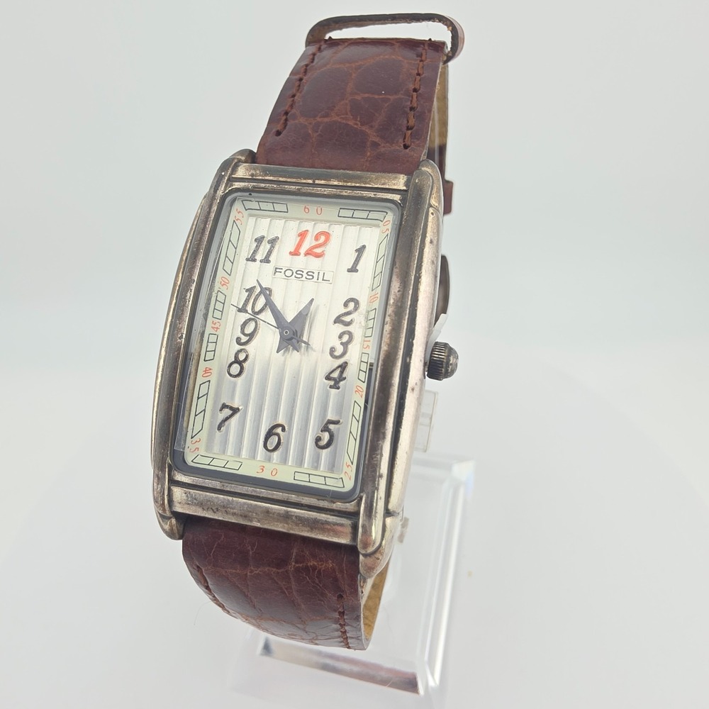 RARE! Vtg 1990s FOSSIL Tank Watch Mens Art Deco Brown Croc Leather Band 7.75"